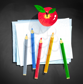 Top view vector illustration of color pencils and apple laying on paper on chalkboard background