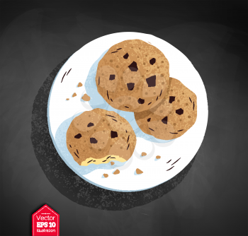 Top view vector illustration of cookies on plate with crumbs on chalkboard background