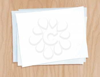 Top view vector illustration of paper sheets on light wooden background.