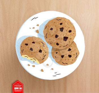 Top view vector illustration of cookies on plate with realistic shadow on wooden table background.