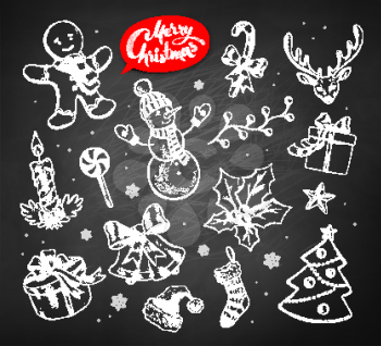 Vector vintage illustrations set with hand drawn chalked Christmas objects on blackboard background.