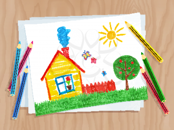 Top view vector illustration of child drawing of house and tree on white paper on wooden desk background with pencils.
