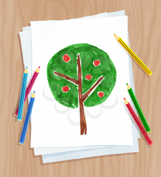 Top view vector illustration of child drawing of tree on white paper on wooden desk background with pencils.