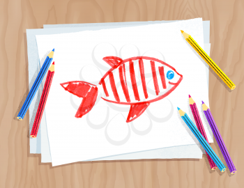 Top view vector illustration of child drawing of fish on white paper on wooden desk background with pencils.