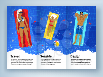 Leaflet design with vector top view illustration of young family on vacation floating on water in swimming pool.