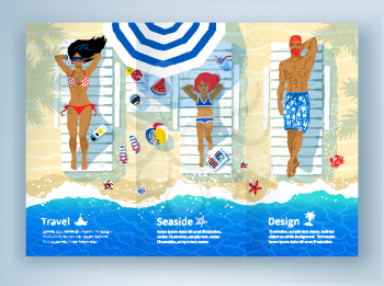 Leaflet design with vector illustration of family lying on beach and sunbathing with summer accessories and sea surf near them.