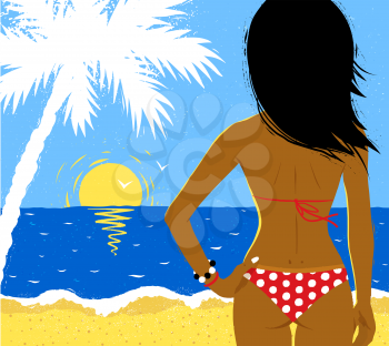Vector illustration of girl on beach and summer background with palm, sea surf and sunset.
