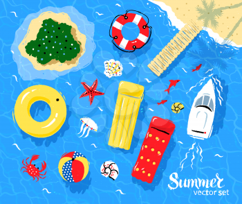 Marine top view vector set of sea and beach items and objects.