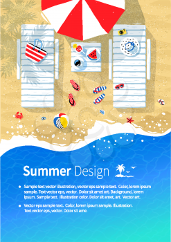Summer vacation flyer design with top view illustration of sun beds, parasol and seaside accessories on beach sand background with sea surf.