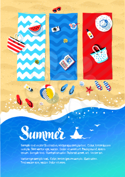 Summer vacation design with vector illustration of beach mats and seaside accessories on sand background and sea surf.