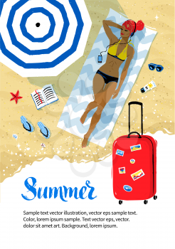 Summer vacation flyer design with travel bag and top view vector illustration of girl lying on the beach with headphones under parasol with accessories near sea surf.