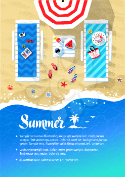 Summer vacation flyer design with sun beds, parasol and seaside accessories near sea surf.