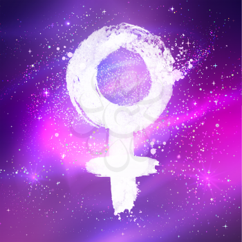 Vector illustration of woman symbol with outer space violet glitter shiny background.