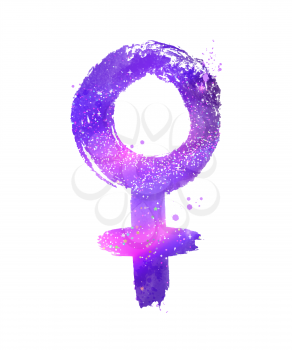 Vector illustration of woman symbol with  glitter shiny violet outer space inside.