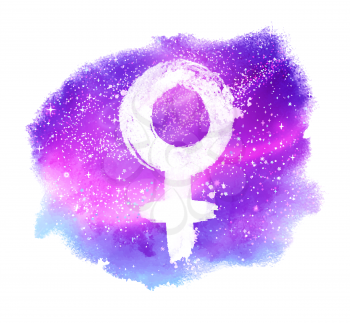 Vector hand drawn illustration of woman symbol on watercolor stain with outer space violet glitter shiny background.