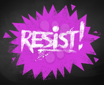Resist chalked lettering on pink explosion banner on blackboard background.