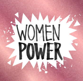 Vector illustration of Woman Power felt tip pen lettering on white explosion prickly banner on rose gold glitter background.