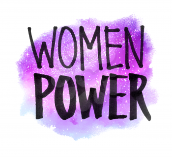 Vector illustration of Woman Power felt tip pen lettering on outer space watercolor stain background.