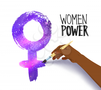 Vector illustration of african american female hand drawing woman symbol with ultraviolet outer space inside.