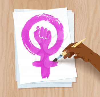 Vector illustration of african american female hand drawing Feminism protest symbol with brush on paper on light wooden desk background.