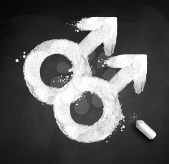 Grunge chalked vector illustration of male gender symbol of homosexuality isolated on blackboard background with piece of chalk.