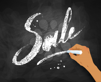 Vector illustration of female hand writing Sale word lettering with chalk on blackboard background.