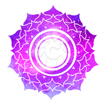 Vector illustration of Sahasrara chakra with outer space and nebula inside.