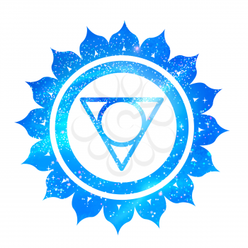 Vector illustration of Vishuddha chakra with outer space and nebula inside.