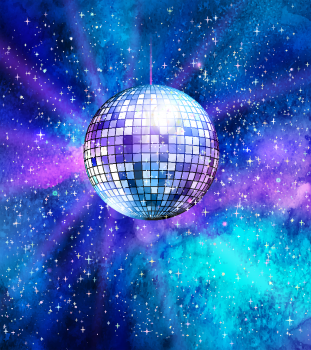 Vector illustration of disco ball on ultraviolet outer space background.