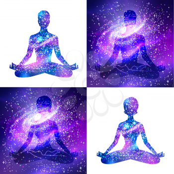 Vector set of illustrations with double exposure male and female silhouettes meditating on ultraviolet outer space background.