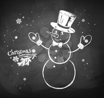 Vector chalk drawn illustration of cute Snowman character wearing cylinder hat on chalkboard background.