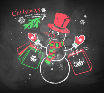 Vector color chalk drawn illustration of cute Snowman character with shopping bags.