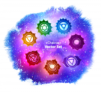 Vector illustration of glowing chakras on ultraviolet outer space background in grunge watercolor stain.