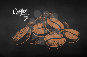 Vector chalk drawn sketch of pile of coffee beans on chalkboard background.