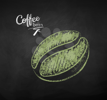 Vector chalk drawn sketch of one green coffee bean on chalkboard background.