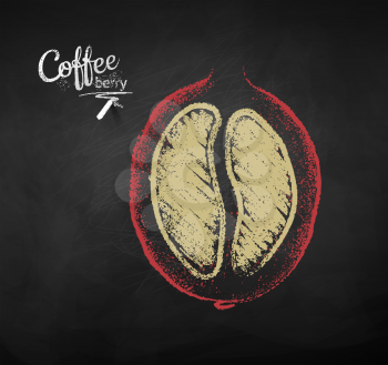 Vector chalk drawn sketch of half cut coffee berry with bean on chalkboard background.