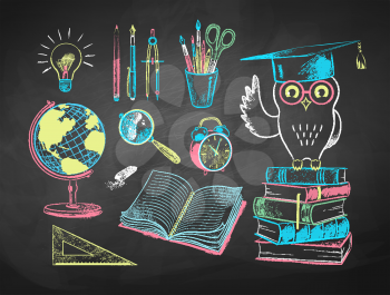 Vector collection of color chalk drawn  illustrations of education items on chalkboard background.