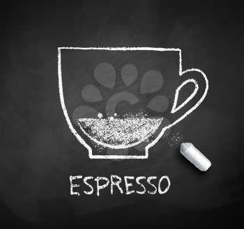 Vector black and white  sketch of Espresso coffee cup with piece of chalk on chalkboard background.