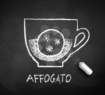 Vector black and white sketch of Affogato coffee on chalkboard background with piece of chalk.