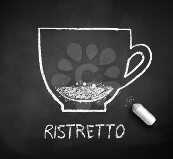 Vector black and white sketch of Ristretto coffee with piece of chalk on chalkboard background.