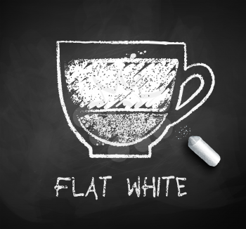 Vector  black and white sketch of Flat White coffee with piece of chalk on chalkboard background.