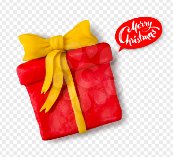 Vector hand made plasticine figure of gift box with shadow isolated on transparency background.
