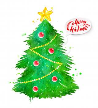 Vector watercolor illustration of Christmas Tree with paint splashes isolated on white background.
