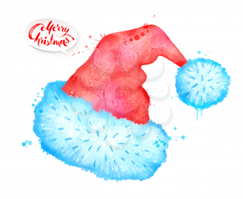 Vector Christmas watercolor illustration of Santa hat with paint splashes isolated on white background.