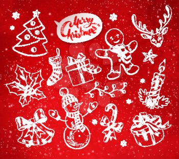 Vector vintage illustrations set with hand drawn Christmas objects on festive red background with light sparkles.