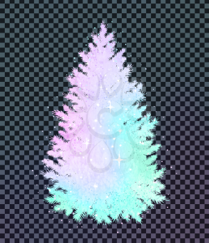 Vector illustration of Christmas spruce tree silhouette in pastel vivid colors with glitter on transparency background. 
