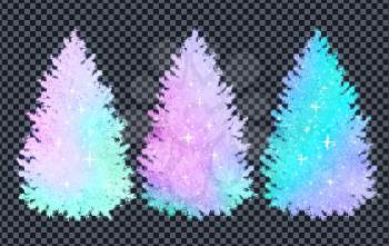 Vector collection of Christmas spruce trees silhouettes in pastel vivid colors with glitter on transparency background. 
