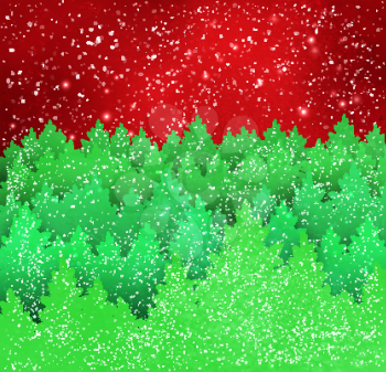 Winter landscape red and green background with falling snow and spruce forest silhouette.