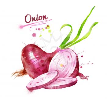 Watercolor illustration of red onion with paint smudges and splashes.