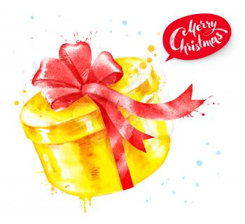 Watercolor illustration of golden color gift box with red bow and paint splashes.
